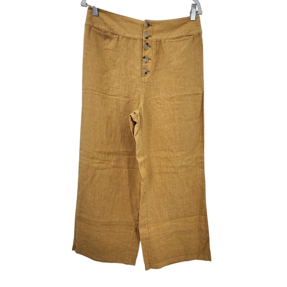 New NWT Lou & Grey 100% Linen Mustard Yellow Wide Leg Button Fly Pants Size 12